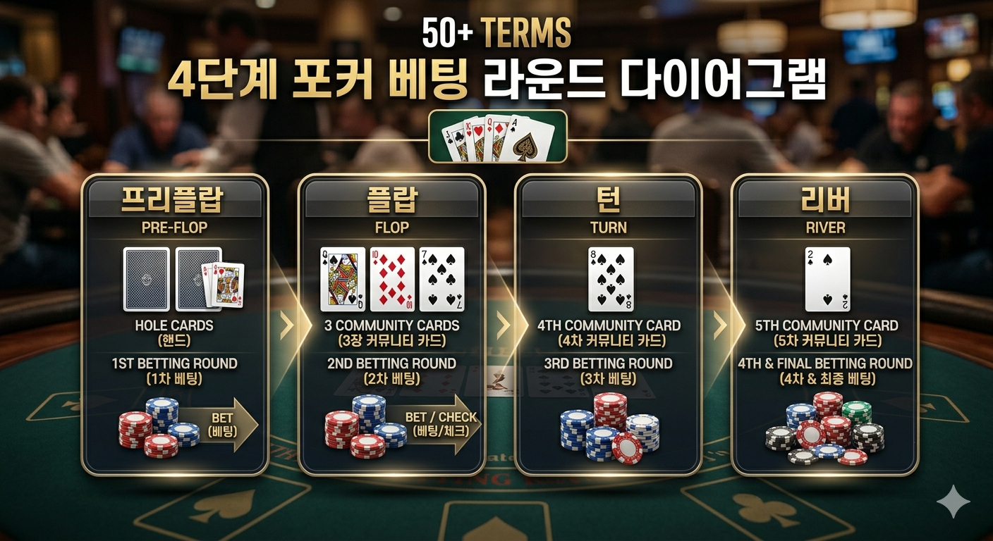 프리플랍, 플랍, 턴, 리버 4단계 베팅 라운드의 진행 순서 다이어그램